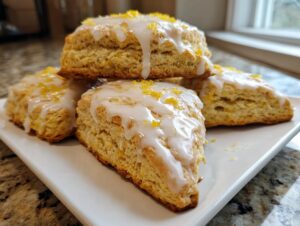 Four triangular lemon scones stacked on a white plate, drizzled with white glaze and bright yellow lemon zest.