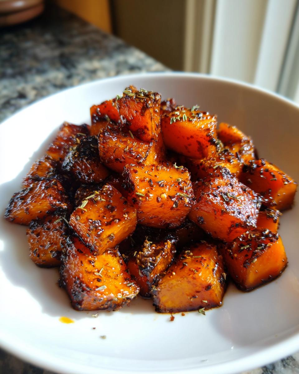 Close-up of shiny, caramelized roasted butternut squash cubes seasoned with herbs in a white bowl.