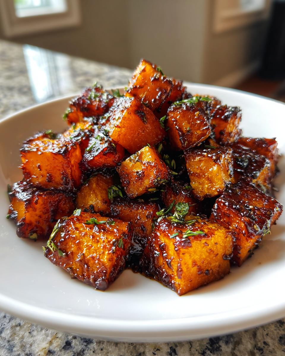 Close-up of caramelized, glazed roasted butternut squash cubes sprinkled with fresh herbs.