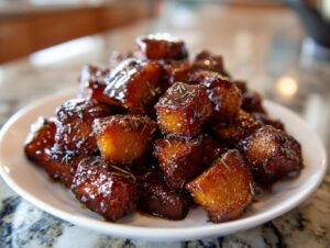 Close-up of glazed roasted butternut squash cubes piled high on a white plate, sprinkled with herbs.