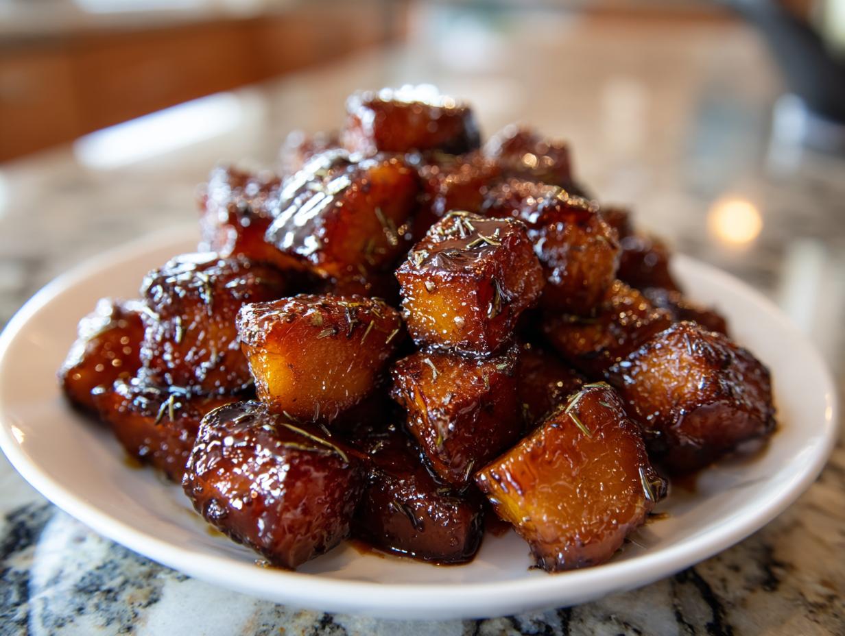 Close-up of glazed roasted butternut squash cubes piled high on a white plate, sprinkled with herbs.