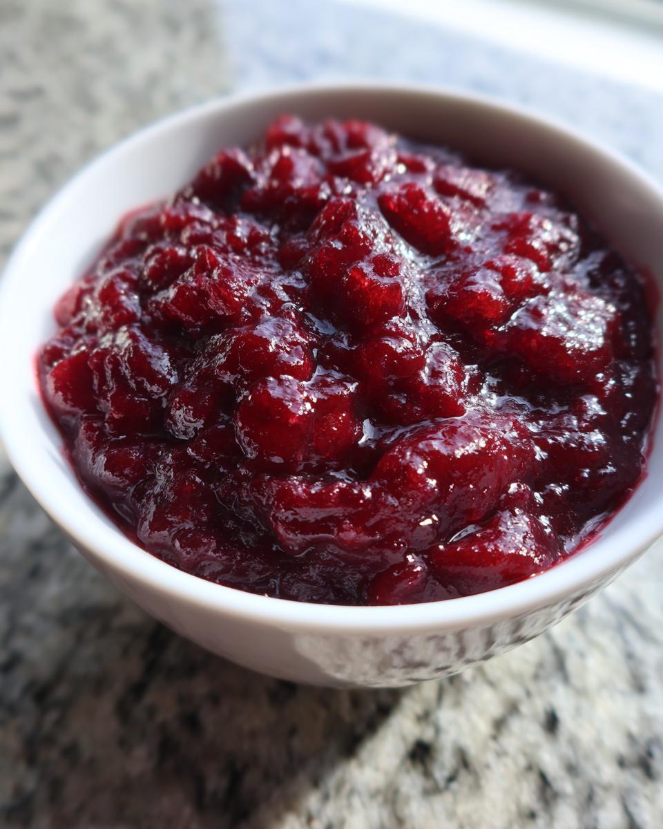 Close-up of thick, glossy, dark red cherry pie filling served in a small white bowl.