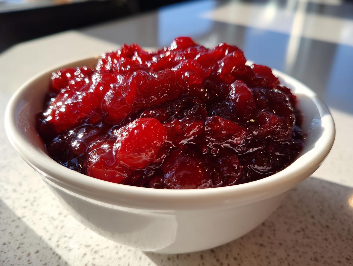 Close-up of glossy, deep red cherry pie filling with whole fruit pieces in a small white bowl.
