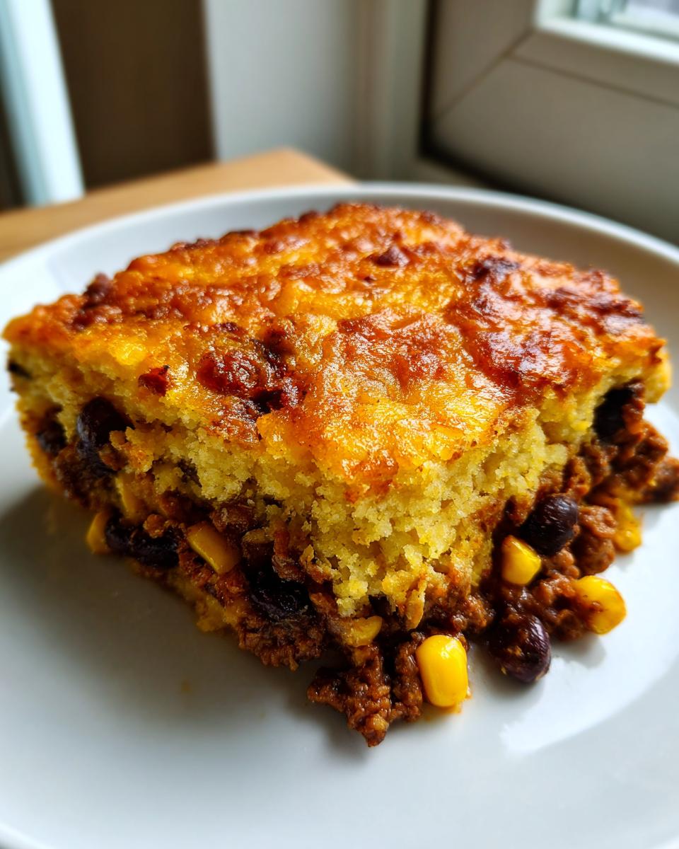 A close-up of a perfectly baked slice of tamale pie showing a golden cornbread top over a savory filling of ground meat, black beans, and corn.