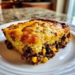 A close-up of a hearty slice of tamale pie with a golden cornbread top and savory beef and corn filling.