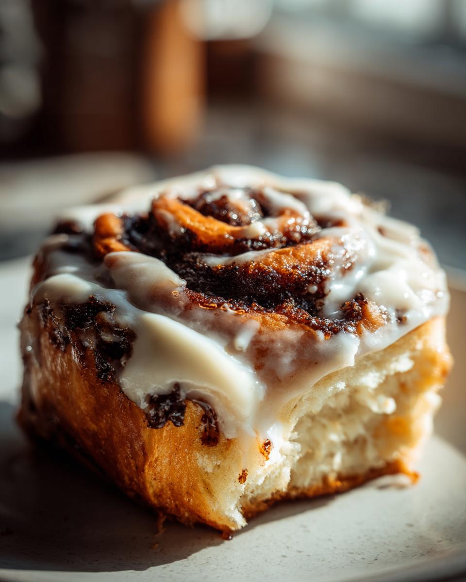 A close-up, appetizing shot of a single, fluffy cinnamon bun topped with thick, gooey white frosting.