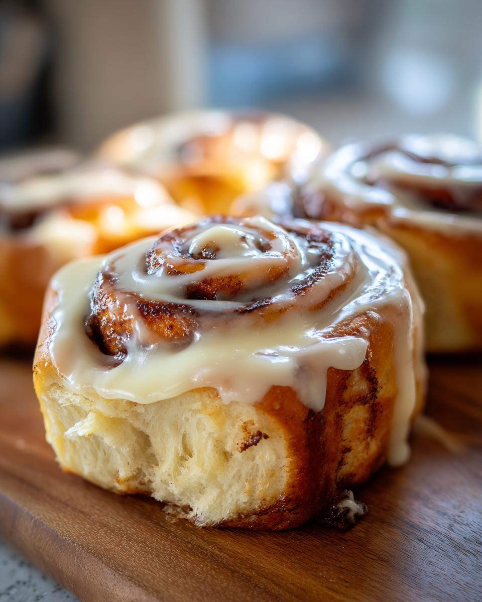 A close-up shot of a soft, fluffy cinnamon bun topped with thick, gooey white frosting, resting on a wooden board.