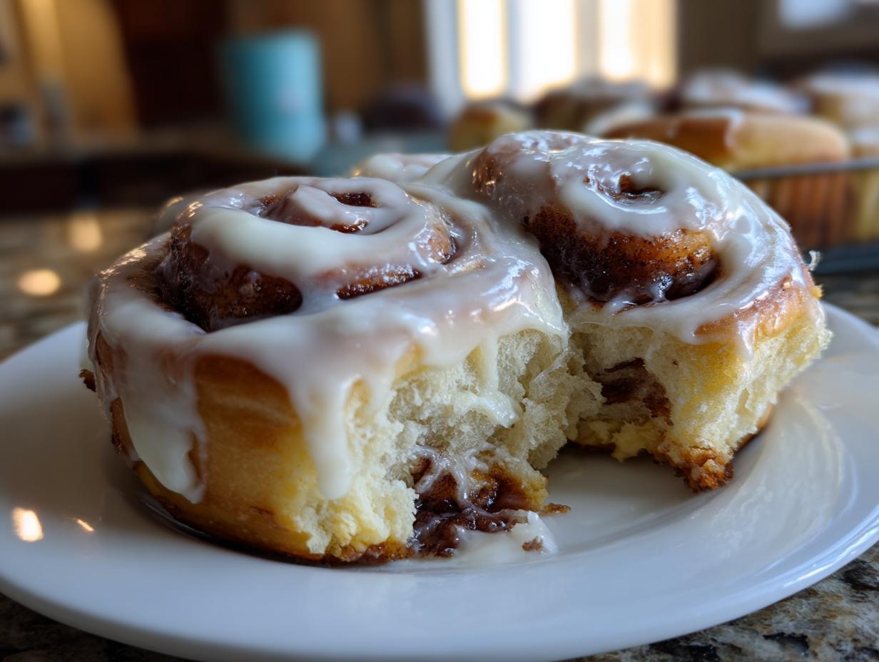 Close-up of a soft, fluffy cinnamon bun with thick, gooey white frosting, showing a bite taken out.