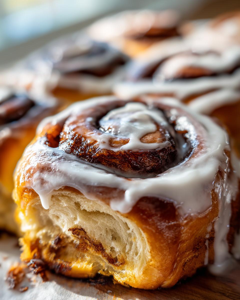 Extreme close-up of a soft, freshly baked cinnamon bun showing the swirled interior and dripping white cream cheese frosting.