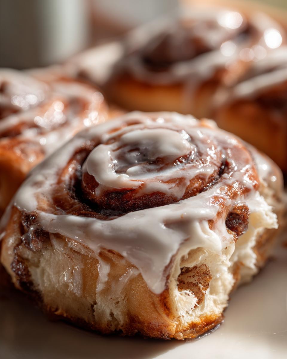 Extreme close-up of a soft, freshly baked cinnamon bun topped with thick, dripping white frosting.