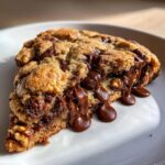 Close-up of a thick, gooey levain bakery chocolate chip cookies slice with melted chocolate dripping onto a white plate.