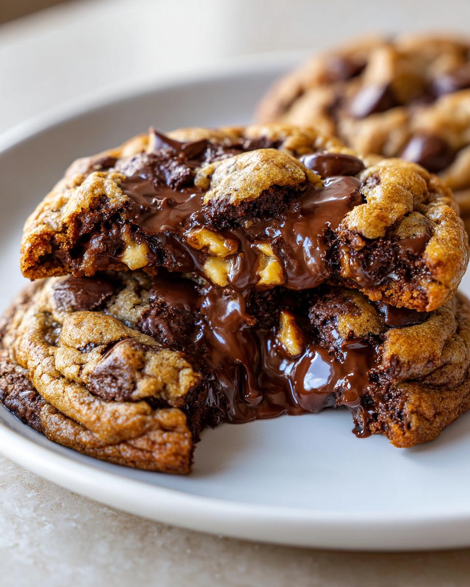 Close-up of a levain bakery chocolate chip cookie broken in half, revealing a gooey, melted chocolate center and nuts.