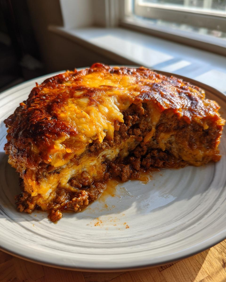 A thick, cheesy slice of hot texas trash dip, showing layers of seasoned ground meat and melted orange cheese.