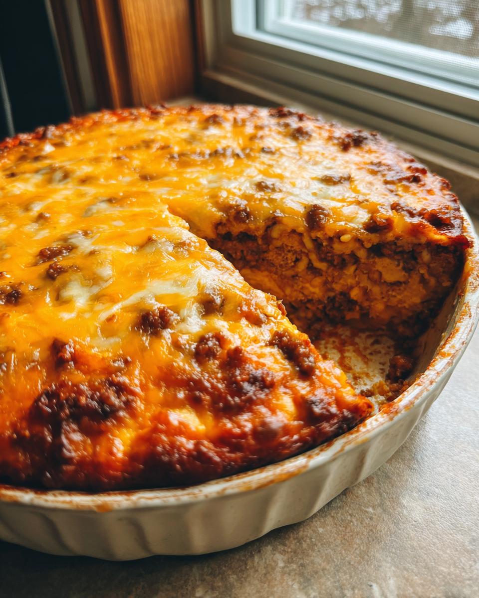 A freshly baked texas trash dip in a round ceramic dish with a slice removed, showing the cheesy, meaty interior.