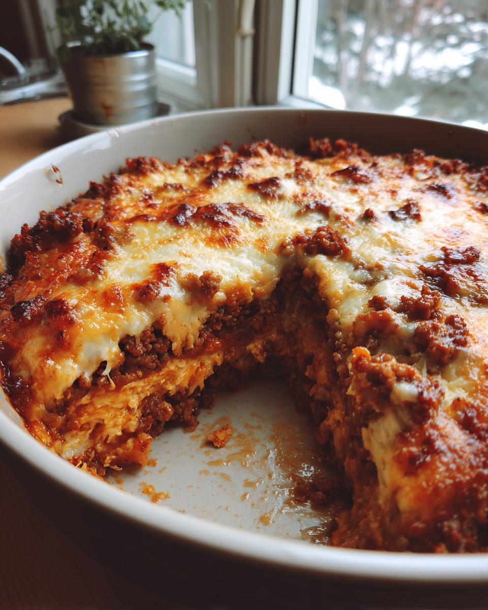 Close-up of a baked texas trash dip with a scoop removed, showing melted, browned cheese and a meaty, layered interior.