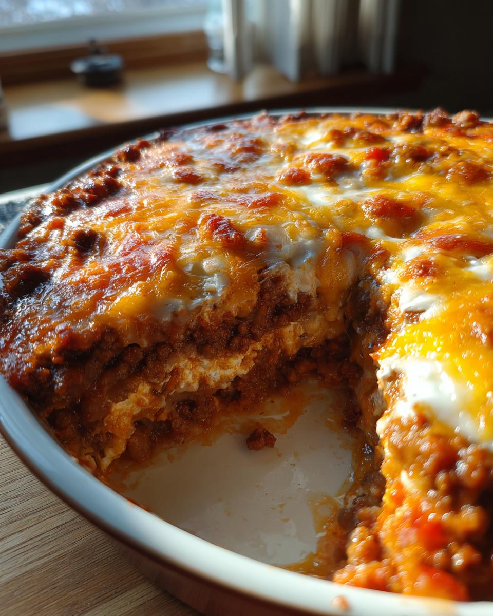 Close-up of a baked texas trash dip in a round dish, showing layers of meat and a bubbly, melted cheese topping.