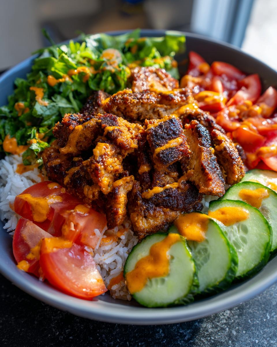 A vibrant bowl featuring seasoned harissa chicken over rice, topped with fresh greens, tomatoes, cucumbers, and a drizzle of orange sauce.