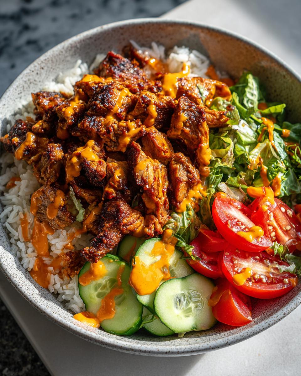 A close-up of a vibrant harissa chicken bowl featuring seasoned chicken pieces over white rice, topped with a creamy orange sauce, sliced cucumbers, tomatoes, and lettuce.