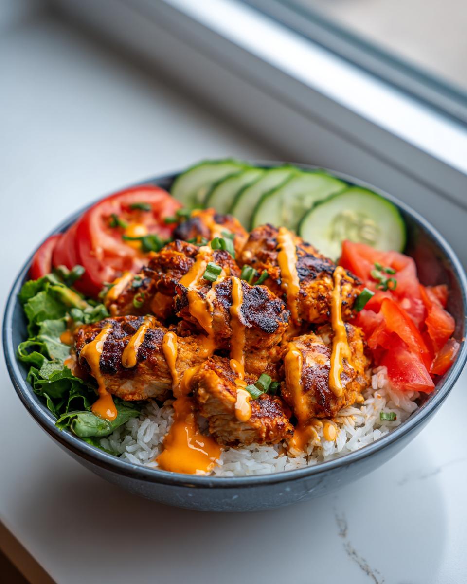A close-up of a vibrant harissa chicken bowl served over white rice, topped with a creamy sauce, tomatoes, and cucumbers.
