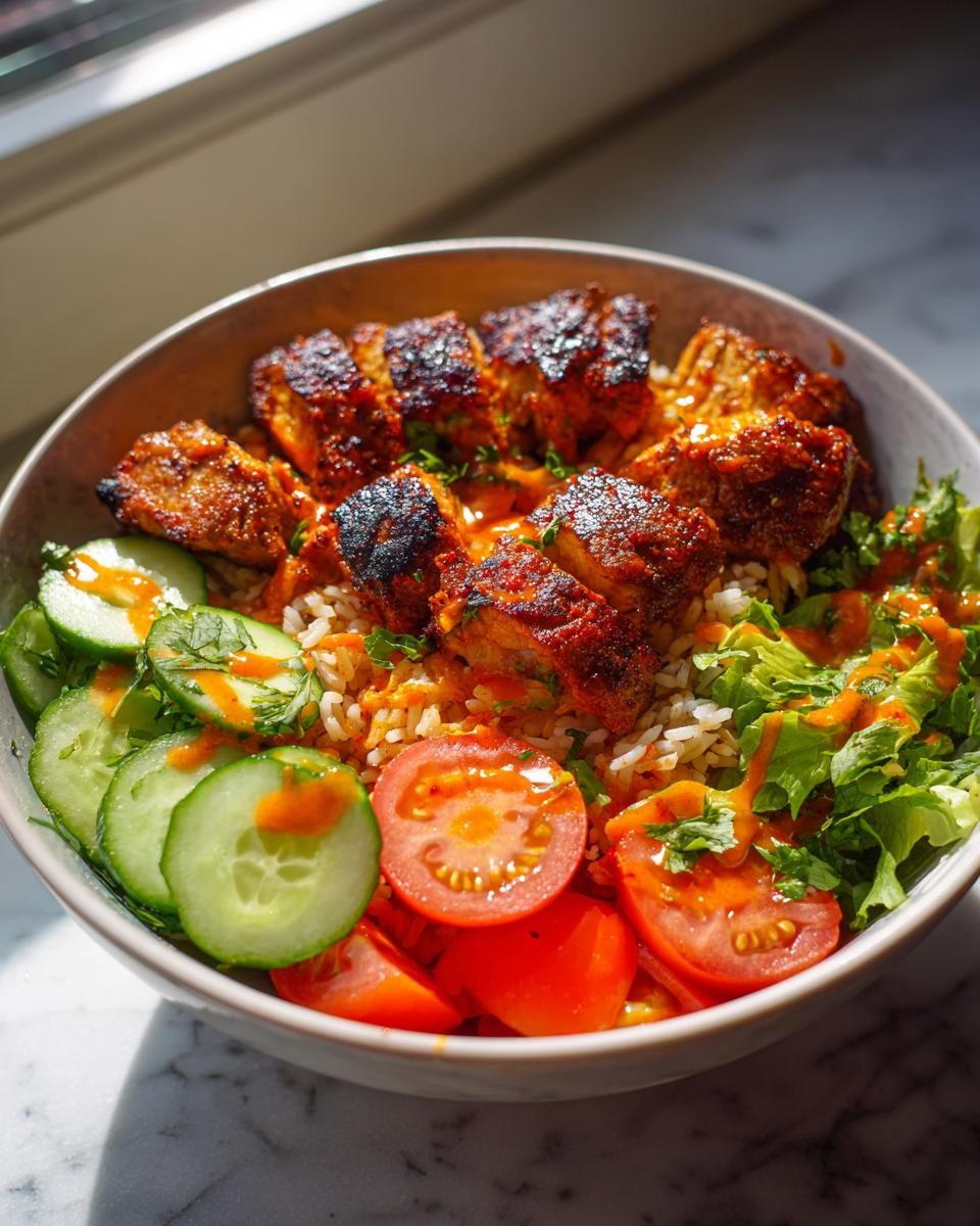 A vibrant bowl featuring seasoned harissa chicken pieces served over rice with sliced cucumbers, tomatoes, and lettuce, drizzled with sauce.