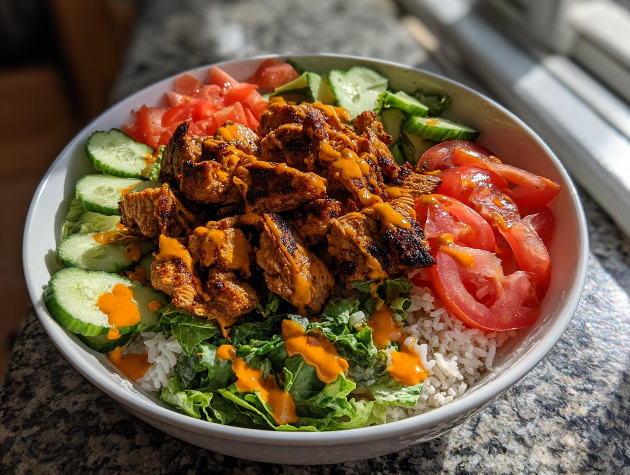 A close-up of a vibrant harissa chicken bowl featuring seasoned chicken pieces over rice, lettuce, cucumbers, and tomatoes, drizzled with orange sauce.