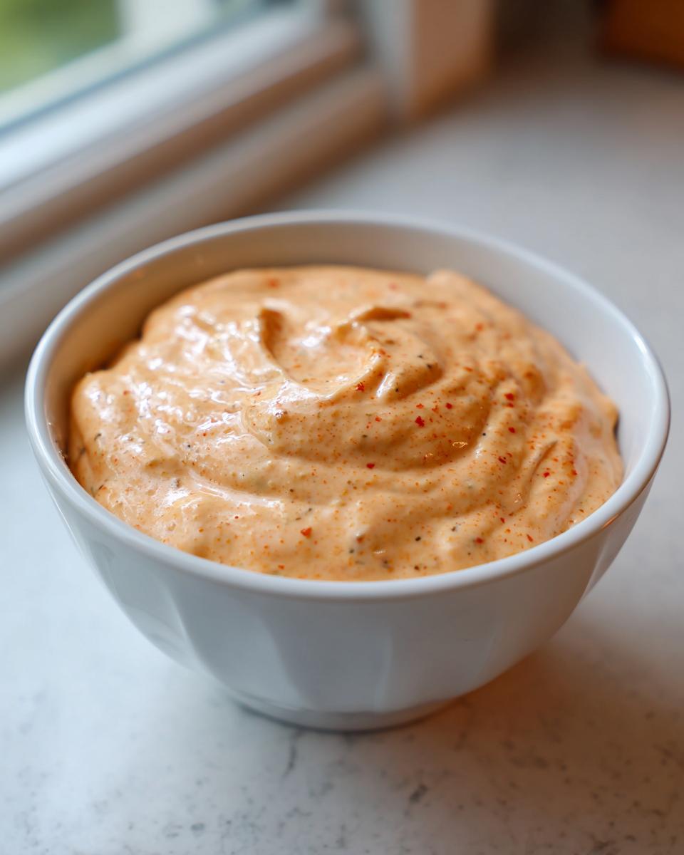 A close-up of creamy, orange-tinted homemade big mac sauce speckled with spices, served in a white bowl.