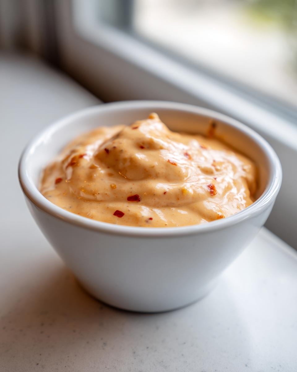 Close-up of creamy, orange-hued big mac sauce sprinkled with red pepper flakes in a small white bowl.