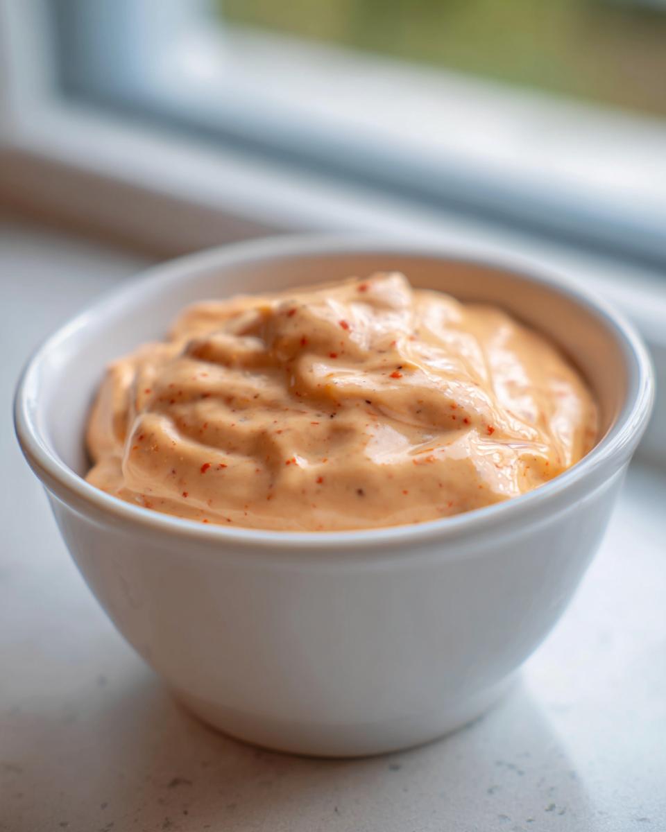 Close-up of creamy, orange-tinted homemade Big Mac Sauce speckled with red spices, served in a small white bowl.