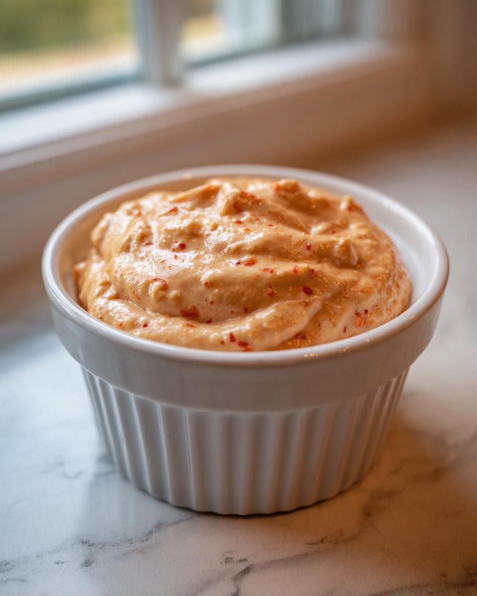 A close-up of creamy, orange-tinted homemade Big Mac Sauce speckled with red spices in a white fluted ramekin.