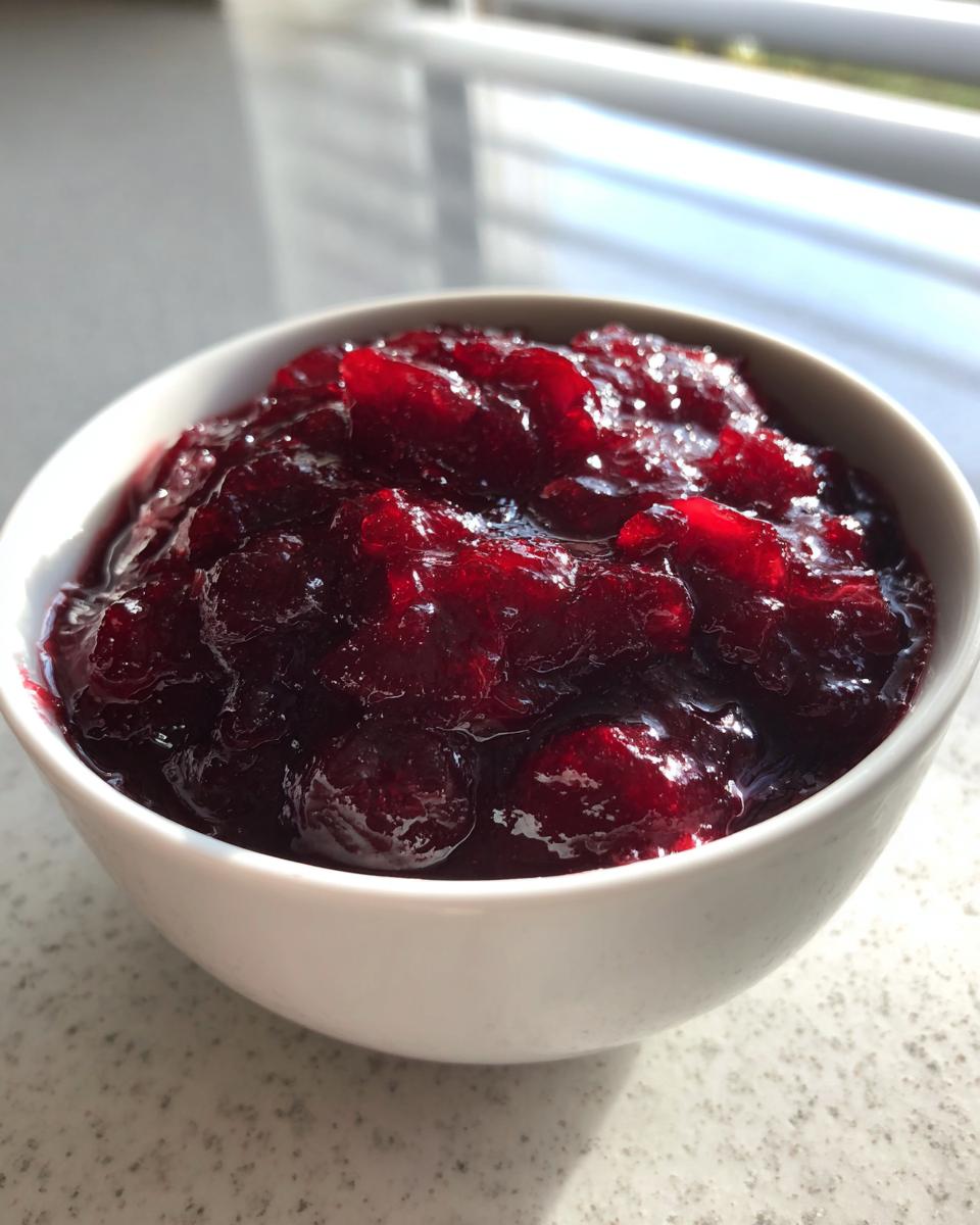 Close-up of rich, glossy homemade cherry pie filling served in a small white bowl.