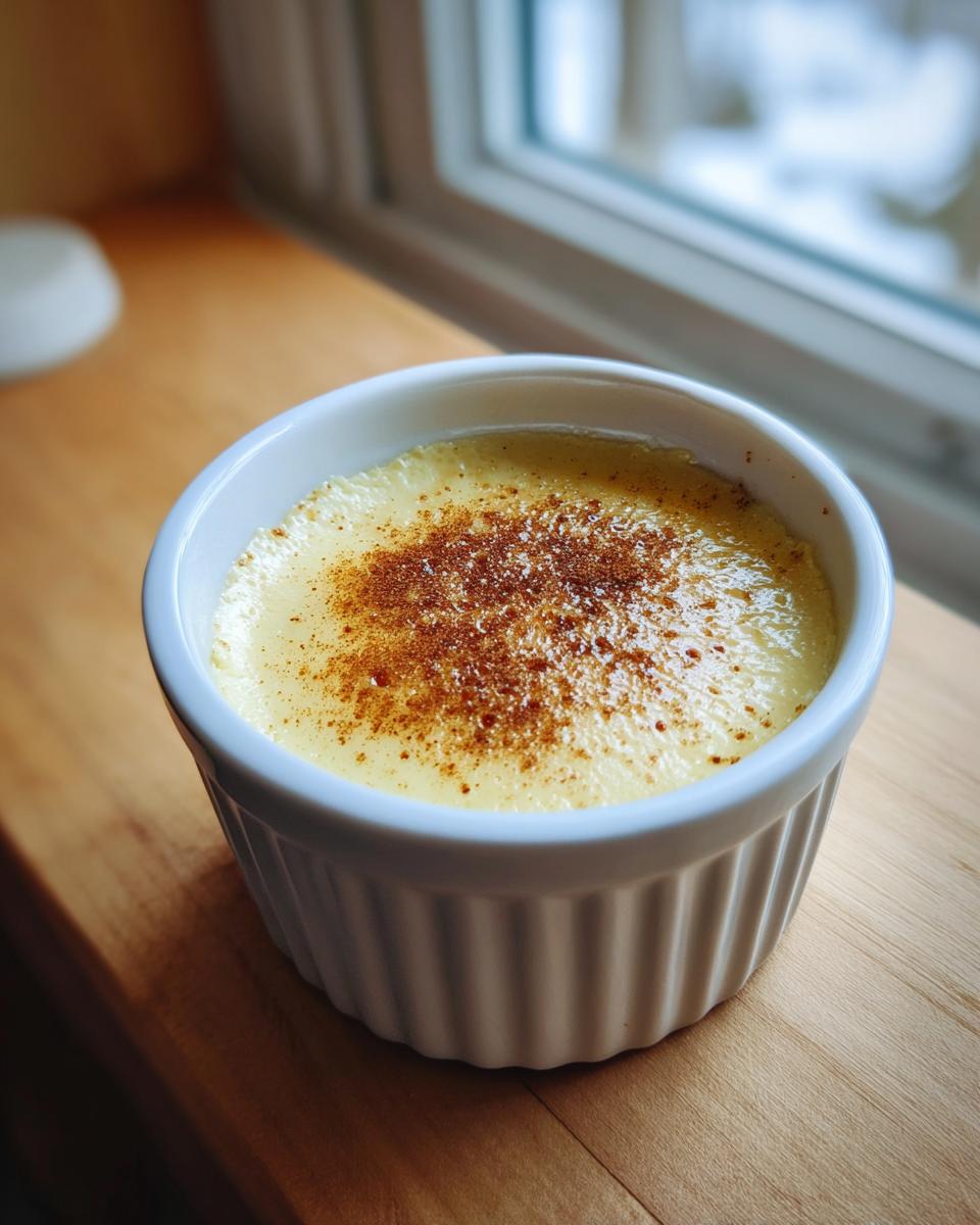 A creamy, yellow egg custard topped with sprinkled cinnamon in a white fluted ramekin, sitting on a wooden surface near a window.