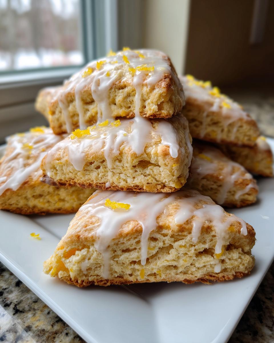 A stack of freshly baked lemon scones drizzled with white glaze and sprinkled with bright yellow lemon zest.
