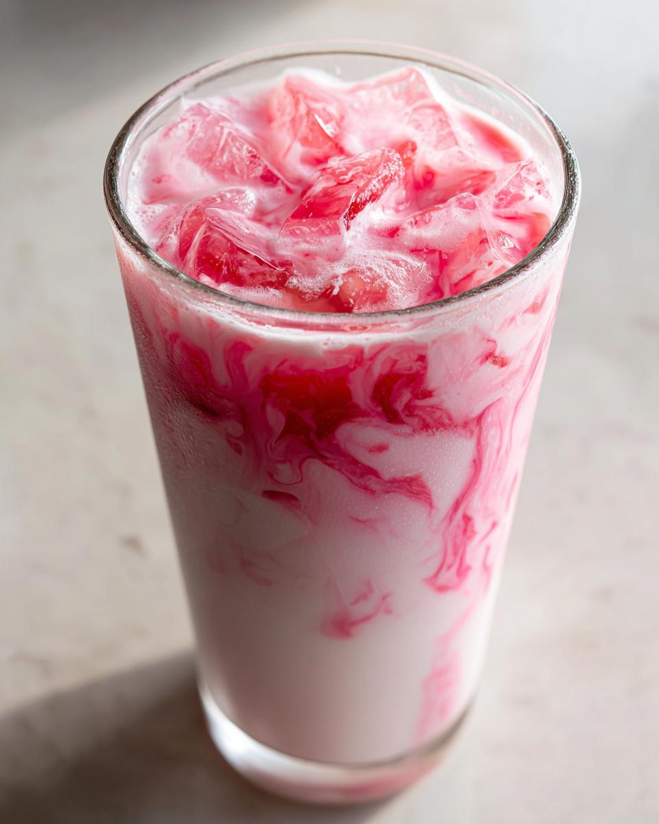 Close-up of a tall glass of iced strawberry milk showing vibrant pink syrup swirling into the white milk.