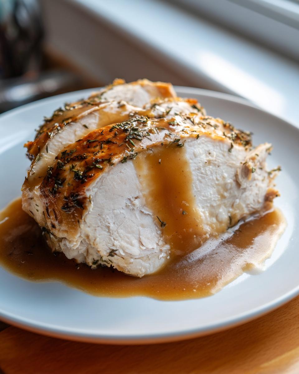 Close-up of three thick slices of juicy instant pot turkey breast, seasoned with herbs and covered in brown gravy.