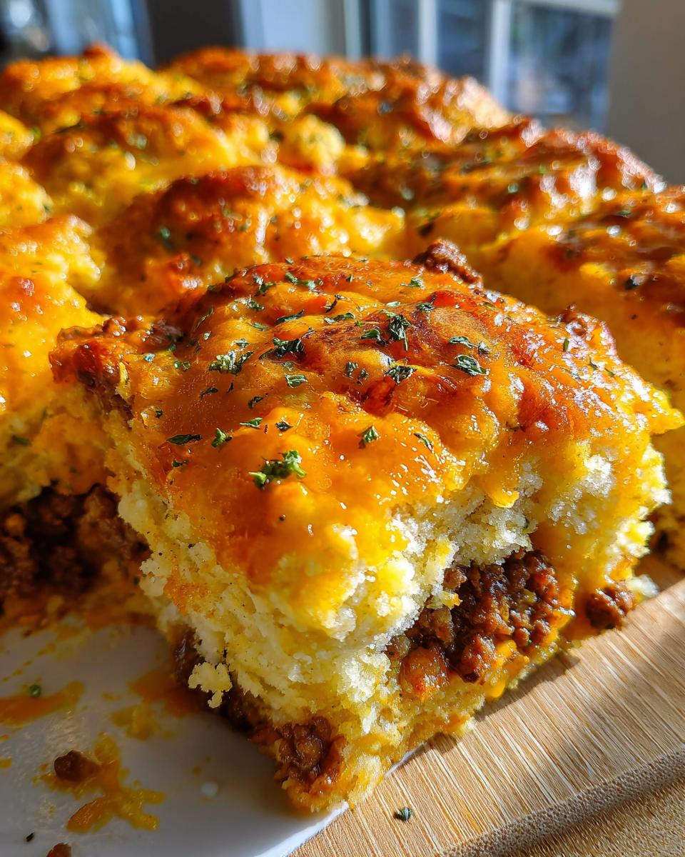A close-up of a serving of John Wayne Casserole showing the cheesy topping, biscuit layer, and ground beef filling.