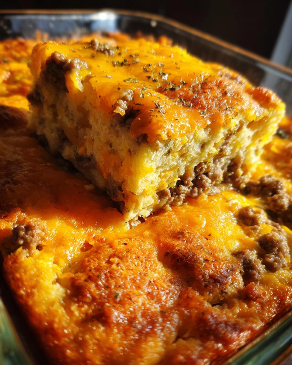 Close-up of a baked slice of John Wayne Casserole topped with melted cheddar cheese and herbs.