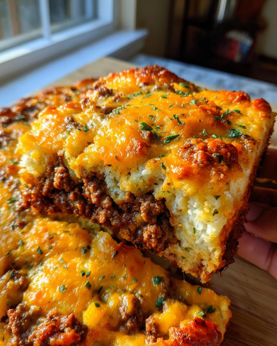 A close-up view showing a lifted slice of John Wayne Casserole with a rich ground beef filling and melted cheddar cheese topping.