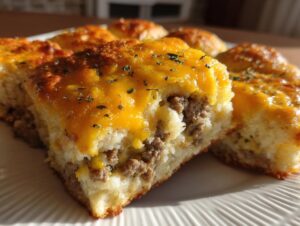A close-up of a square slice of John Wayne Casserole showing a biscuit-like base, seasoned ground beef filling, and melted cheddar cheese topping sprinkled with herbs.