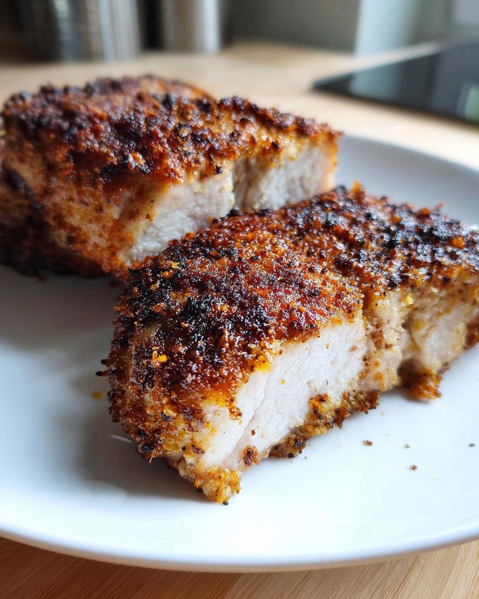 Close-up of two thick, juicy air fryer pork chops cut in half, showing a perfectly cooked white interior and a dark, crispy seasoned crust.