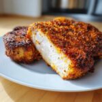 Close-up of a perfectly cooked air fryer pork chop, sliced in half to show the juicy white interior and crispy, seasoned crust.