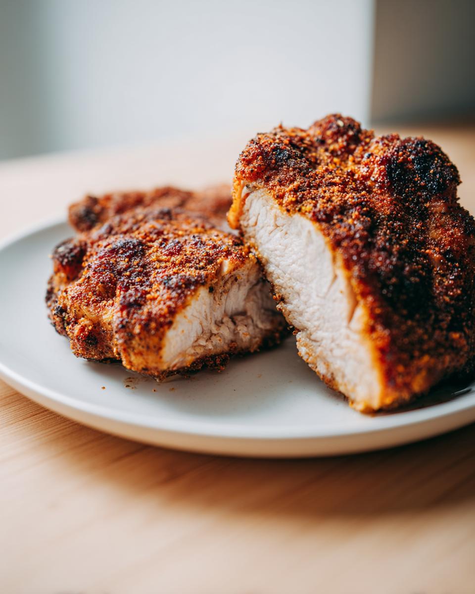 Close-up of perfectly cooked air fryer pork chops, cut to show the juicy white interior and crispy seasoned crust.