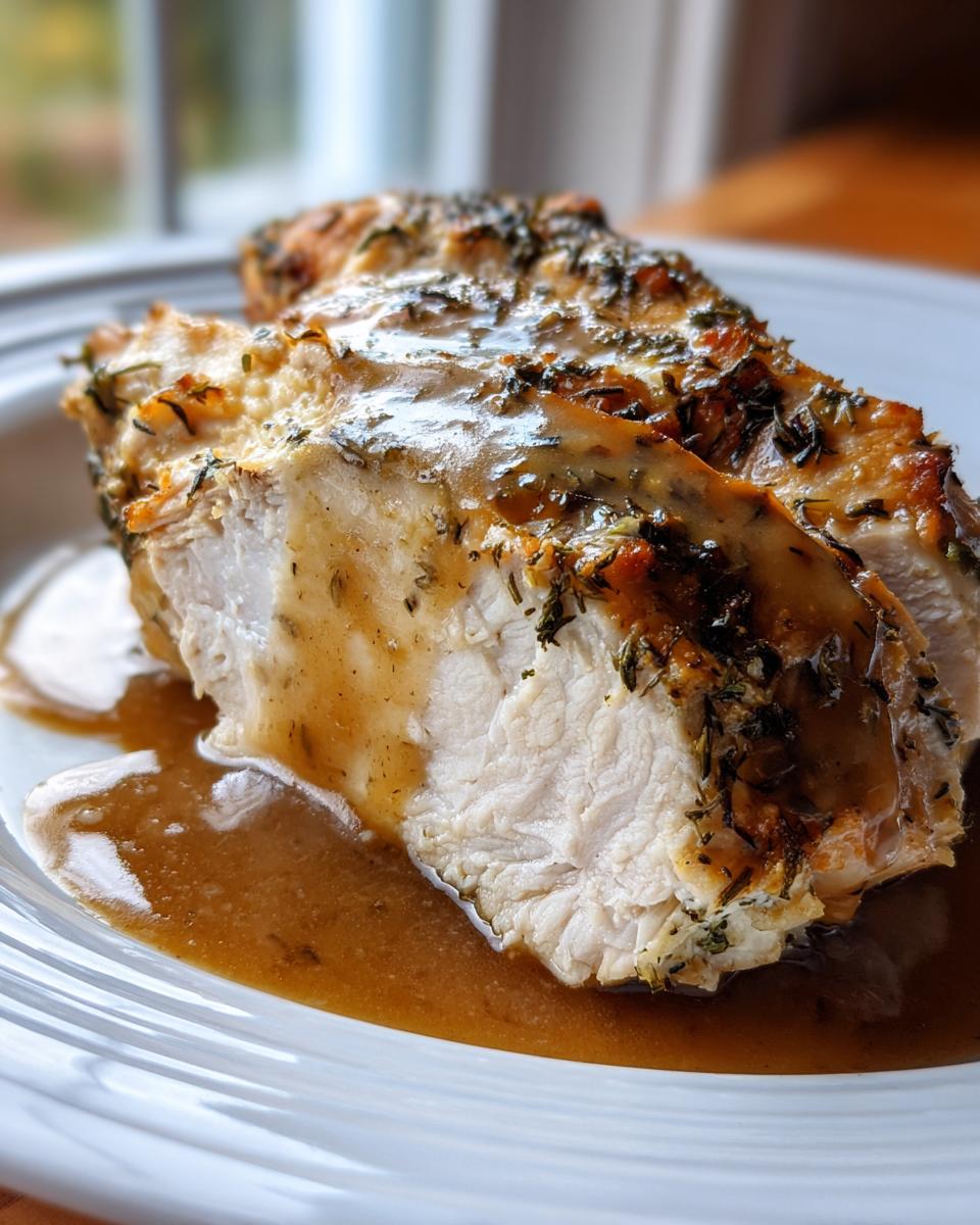 Close-up of a juicy slice of instant pot turkey breast, seasoned with herbs and covered in rich brown gravy.
