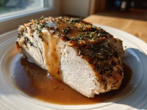 Close-up of a thick slice of juicy instant pot turkey breast, seasoned with herbs and drizzled with brown gravy.