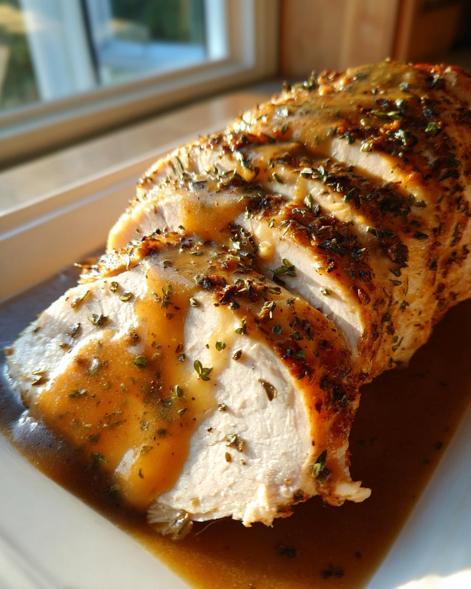 Close-up of sliced, juicy instant pot turkey breast drizzled with brown gravy and herbs.