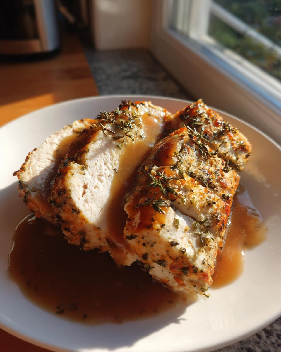 Three slices of juicy instant pot turkey breast, seasoned with herbs and drizzled with brown gravy, served on a white plate.