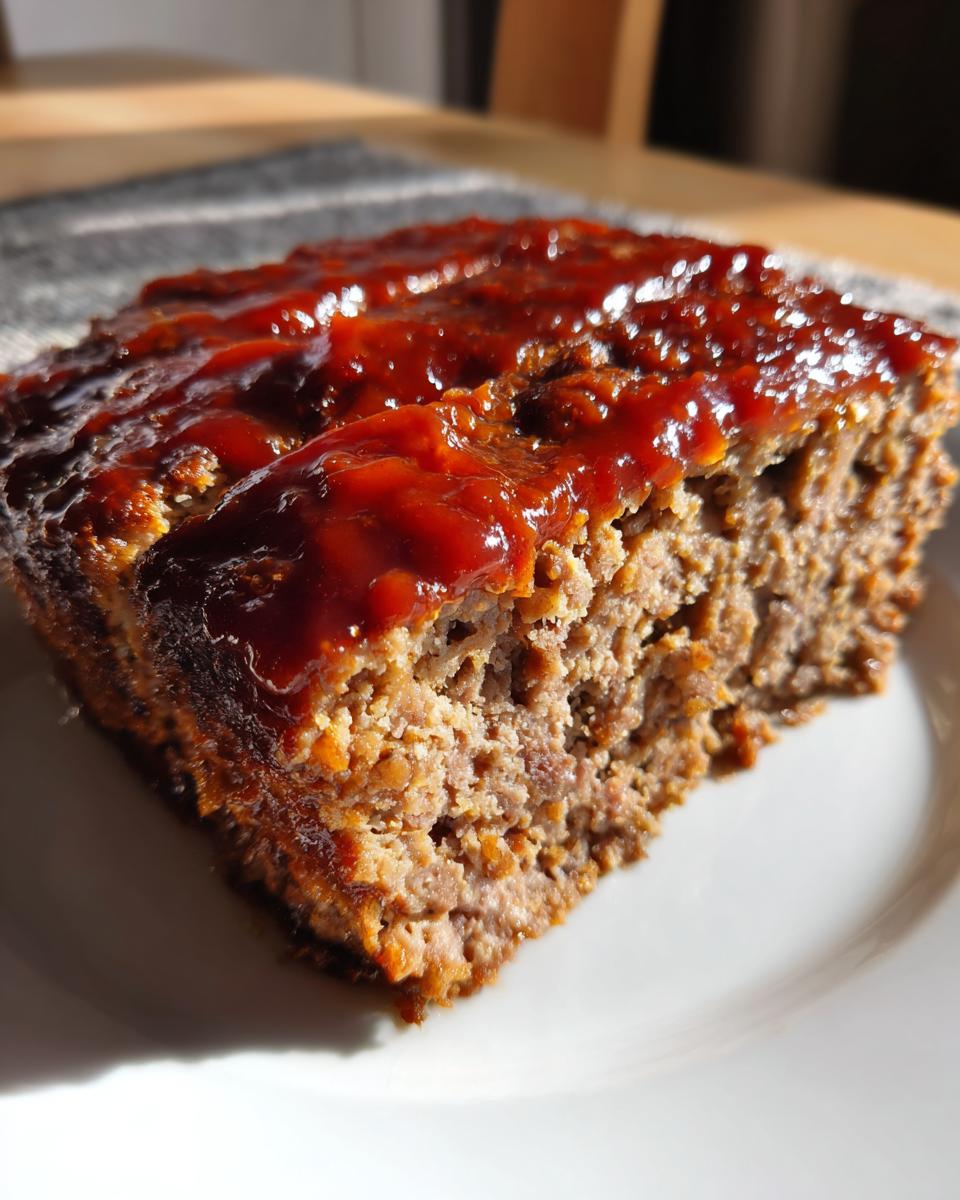 Close-up of a thick, juicy slice of homemade meatloaf topped with a shiny, thick red glaze.