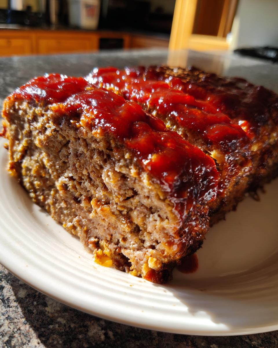 Close-up of a thick slice of juicy meatloaf topped with a shiny, thick red glaze.