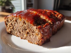 Close-up of a thick slice of juicy meatloaf topped with a glossy red ketchup glaze, resting on a white plate.