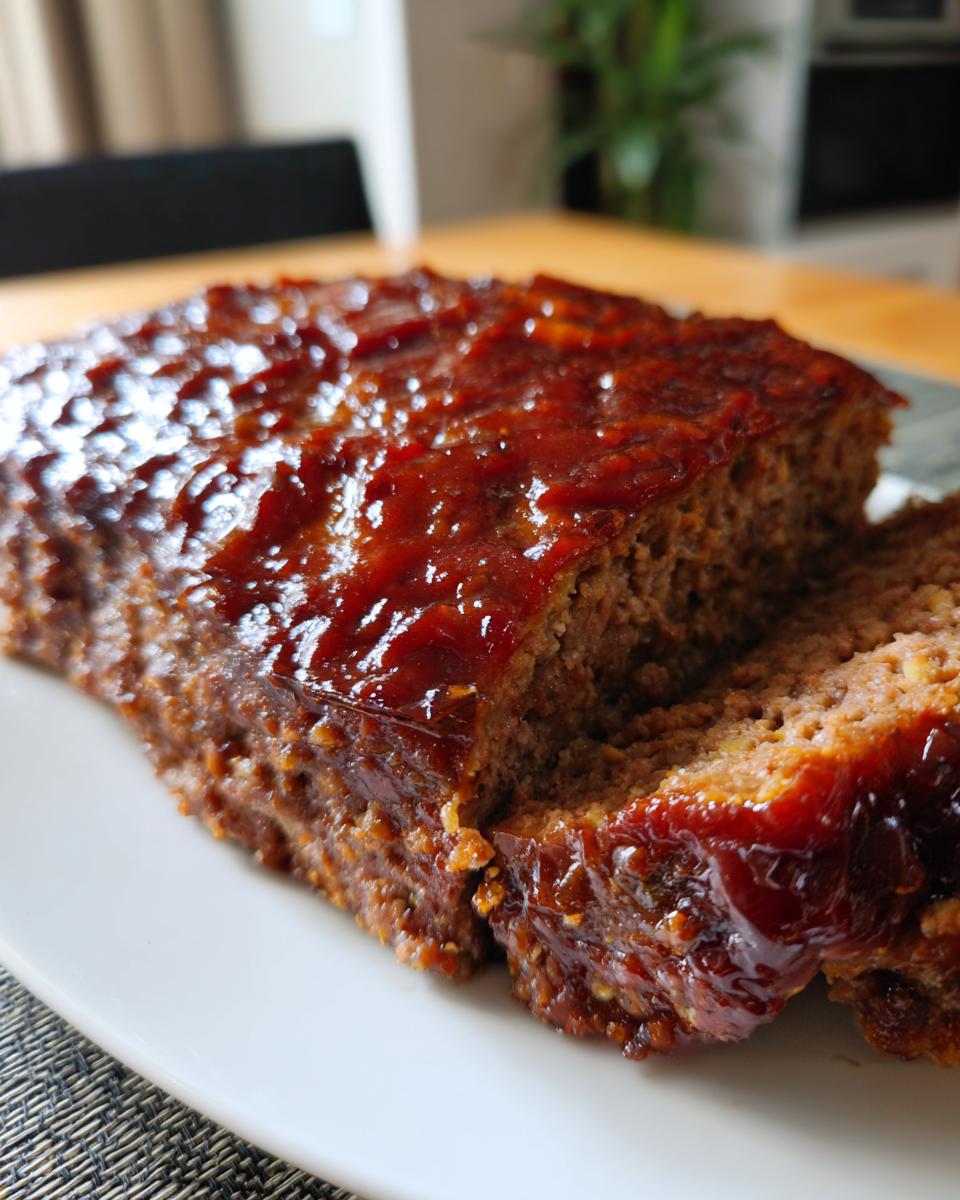 Close-up of a juicy meatloaf loaf on a white plate, featuring a thick, glossy, reddish-brown glaze.