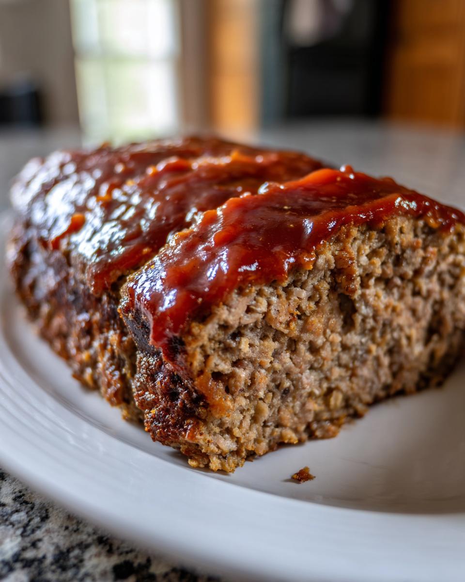 Close-up of a freshly baked, juicy meatloaf topped with a thick, glossy ketchup glaze, resting on a white plate.